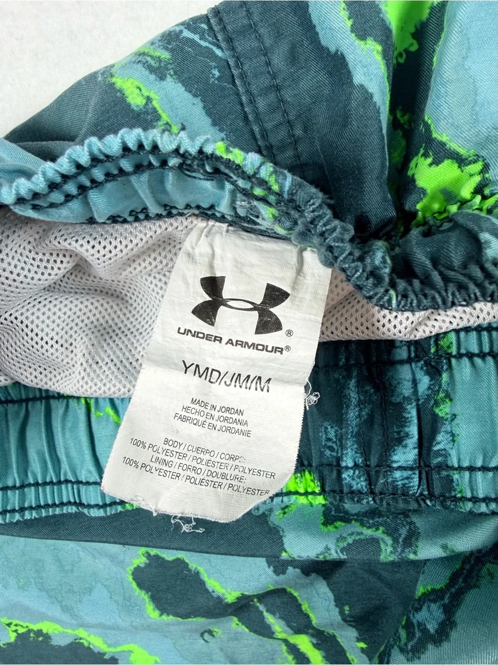 Under Armour Swim Trunks YMD Blue Neon Green Marble Print